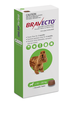 Bravecto 3 Month Chew for Medium Dogs 10-20kg Green