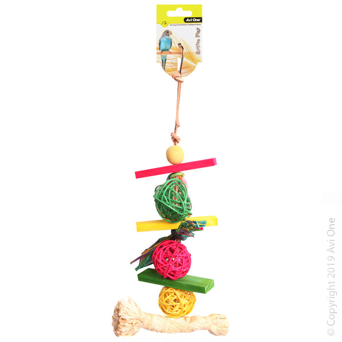Avi One Bird Toy Rattan Balls with Raffia Wooden Beads 34cm
