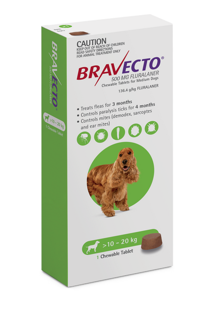 Bravecto 3 Month Chew for Medium Dogs 10-20kg Green