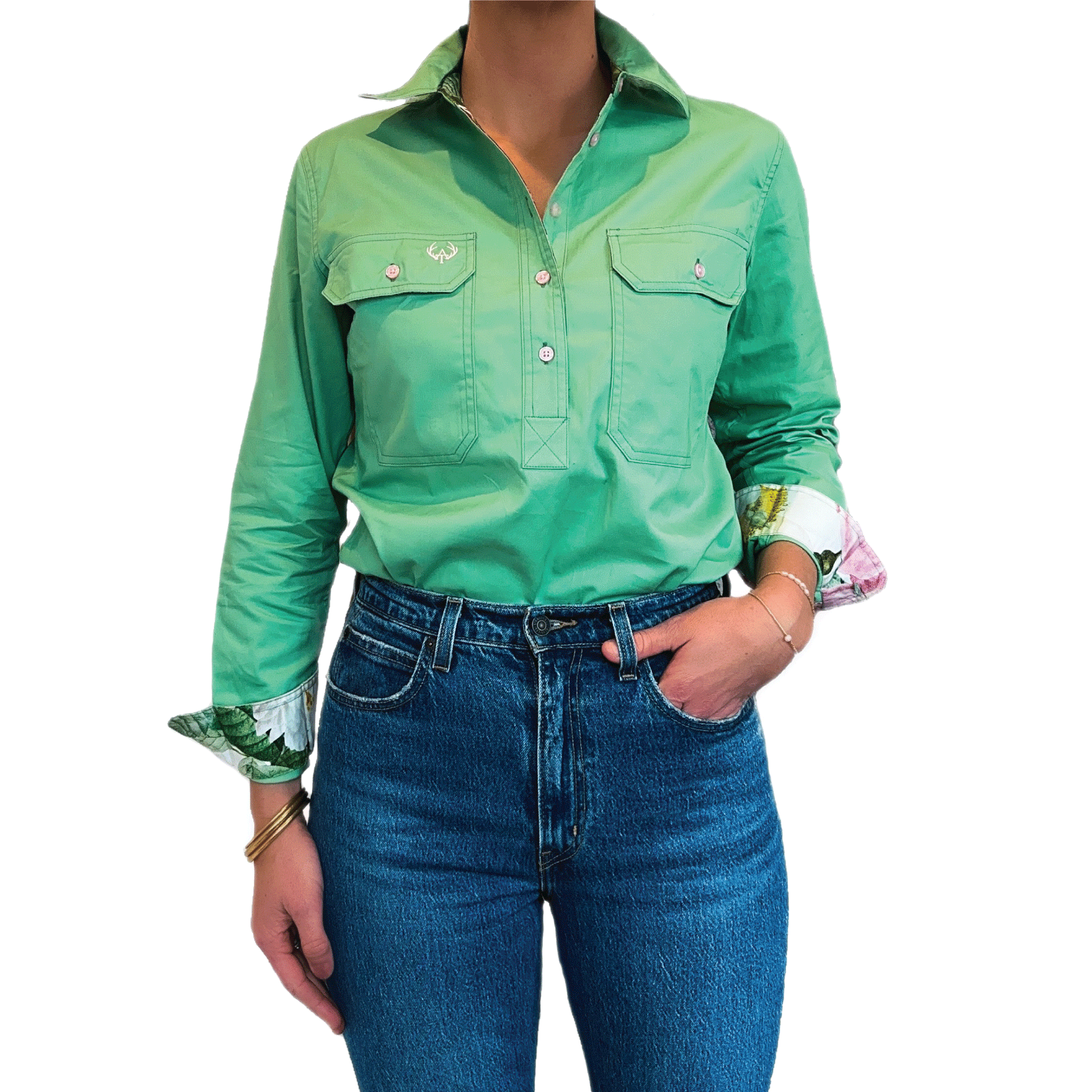 Antola Trading Simone Green - Floral Half Button Shirt