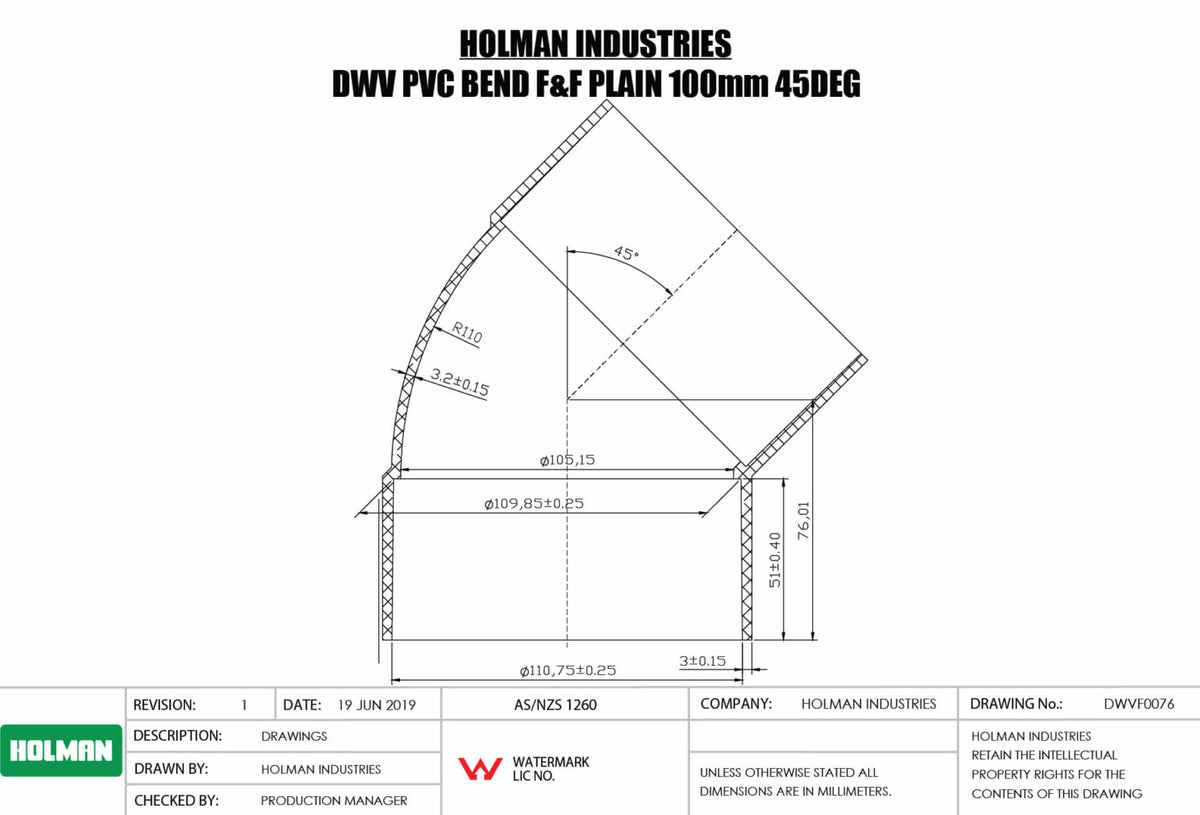 Holman DWV PVC Bend F&F Plain 45Deg 100mm