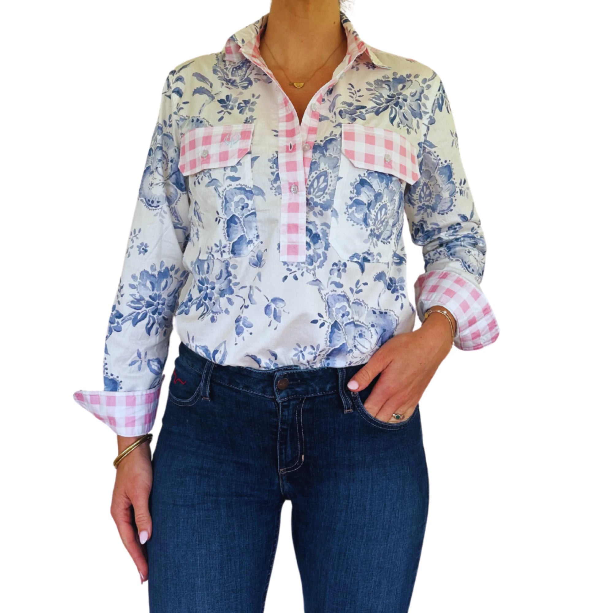 Antola Trading Sarah - Pink Trim Half Button Shirt