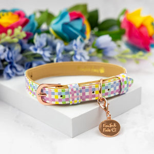 Vegan Leather Dog Collar Rainbow Gingham