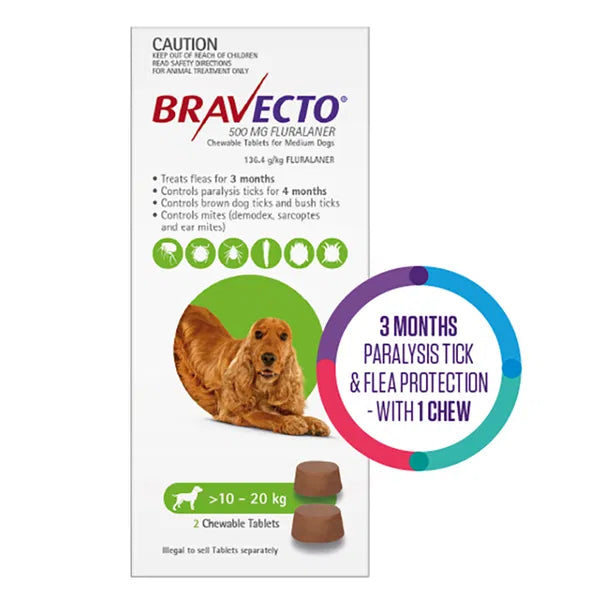 Bravecto 3 Month Chew for Medium Dogs 10-20kg Green