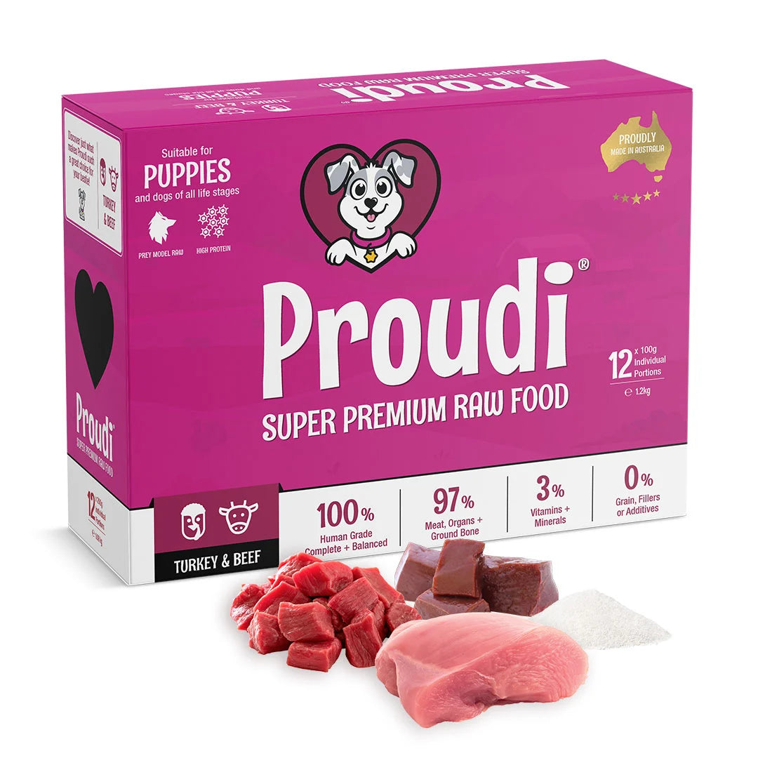 Proudi Raw Turkey and Beef Frozen Puppy Food Brookies Rural Traders