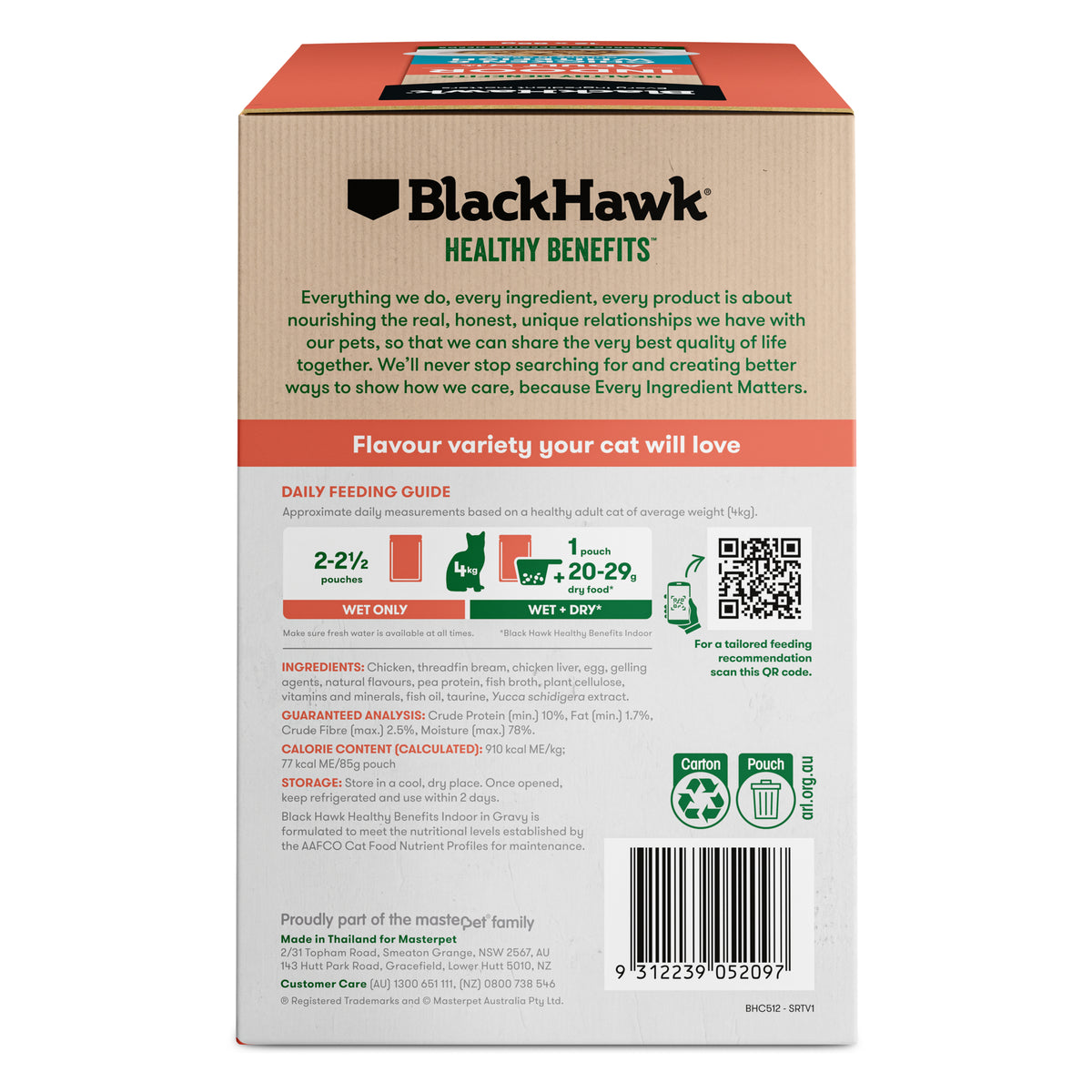 Black Hawk Healthy Benefits Indoor Chicken & Whitefish 85g wet cat food – back of 12 pack carton
