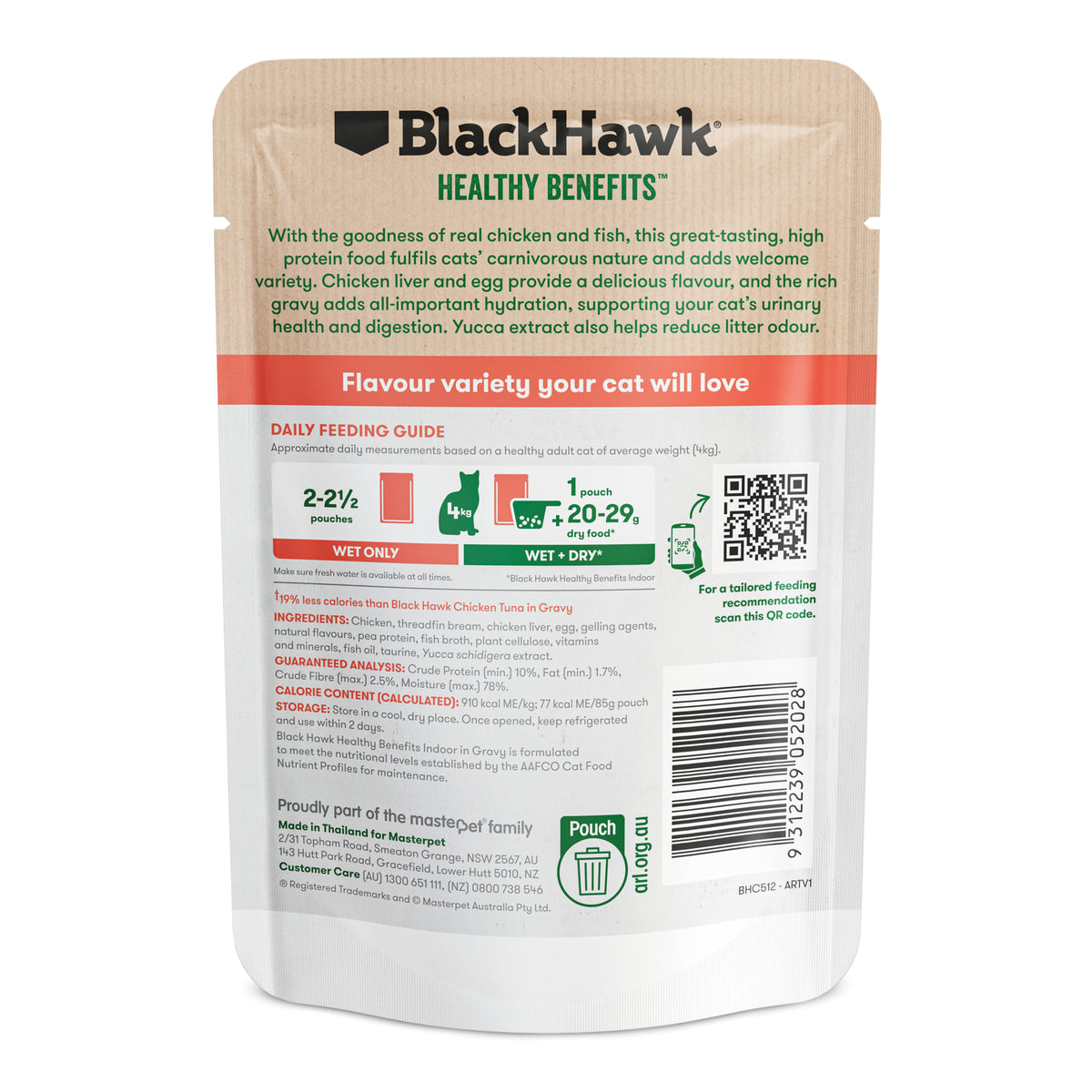 Black Hawk Healthy Benefits Indoor Chicken & Whitefish 85g wet cat food – back of pouch with feeding guide