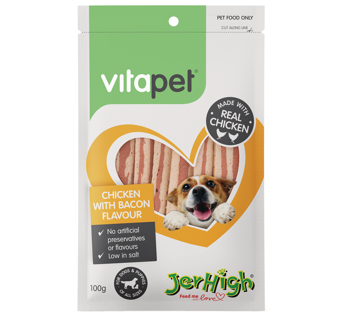 VitaPet JerHigh Chicken with Bacon Flavour dog treats 100g – front of 100g pack