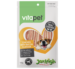 VitaPet JerHigh Chicken with Bacon Flavour dog treats 100g – front of 100g pack