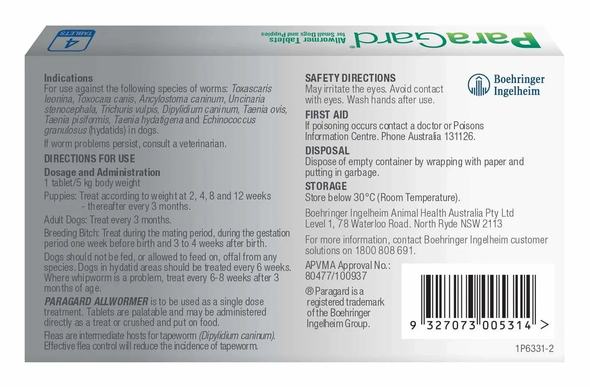 Paragard Allwormer for Dogs 0-5kg 4pk