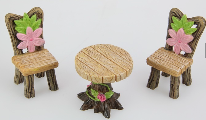 Fairy Garden Table & Chairs (Pink Flower Design) - Set of 3